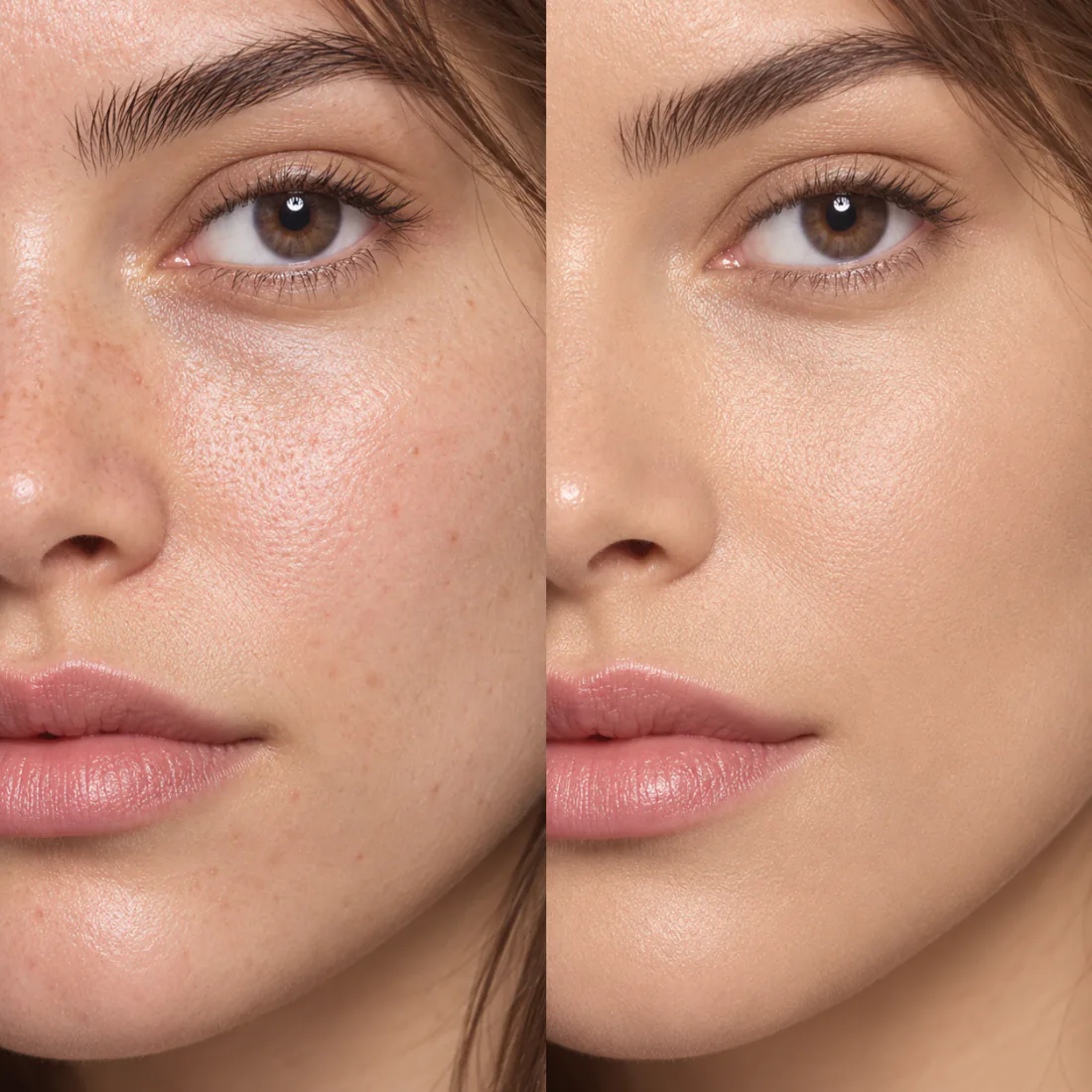 Split-face close-up: bare skin on the left, VYRA™-blended skin on the right