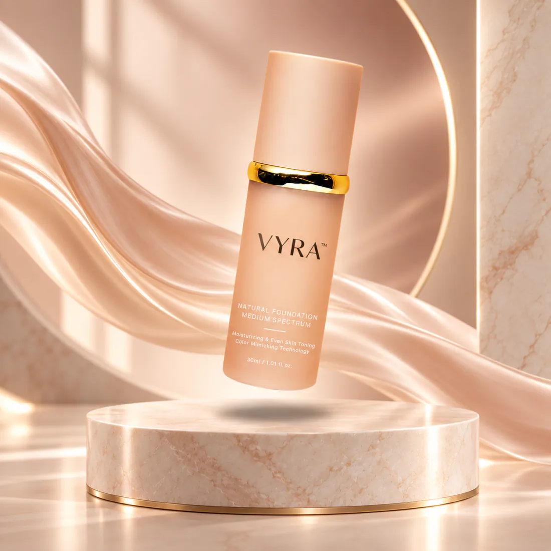 VYRA™ color-changing foundation bottle floating above a marble pedestal