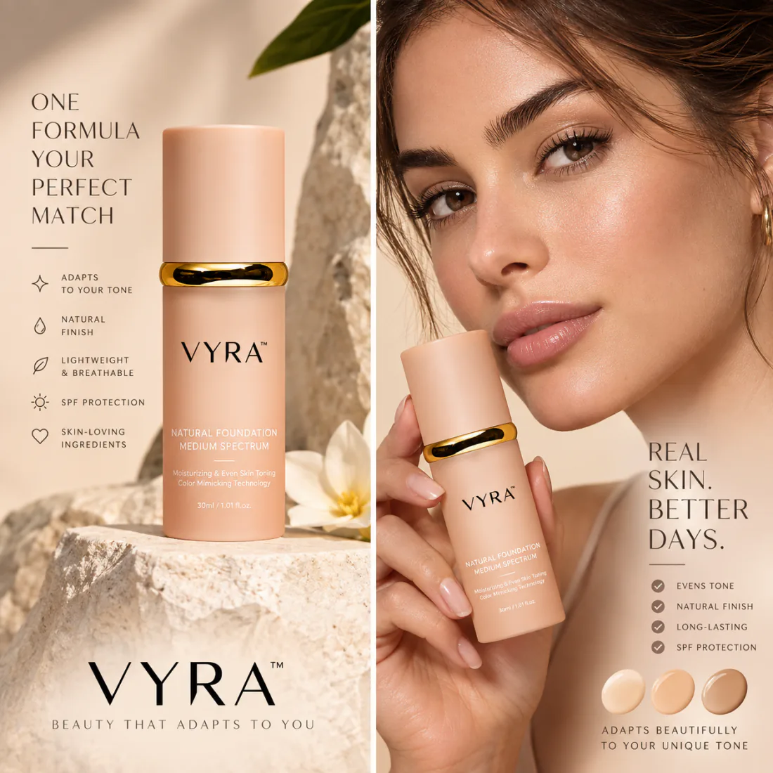 VYRA™ campaign image: the bottle on a rock beside a model holding it to her cheek